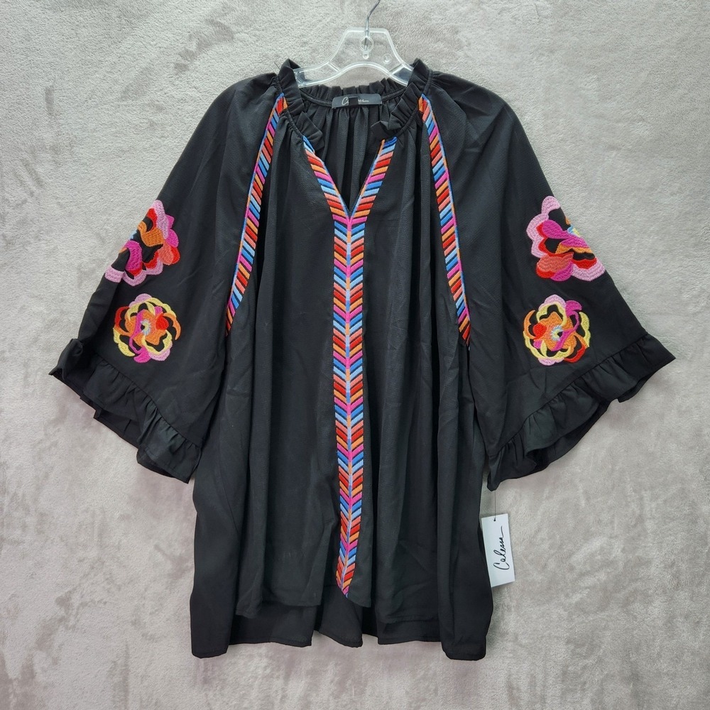 Calessa Tunic Womens Plus 3X Black Embroidered Ruffle Sleeve Top Blouse Boho New